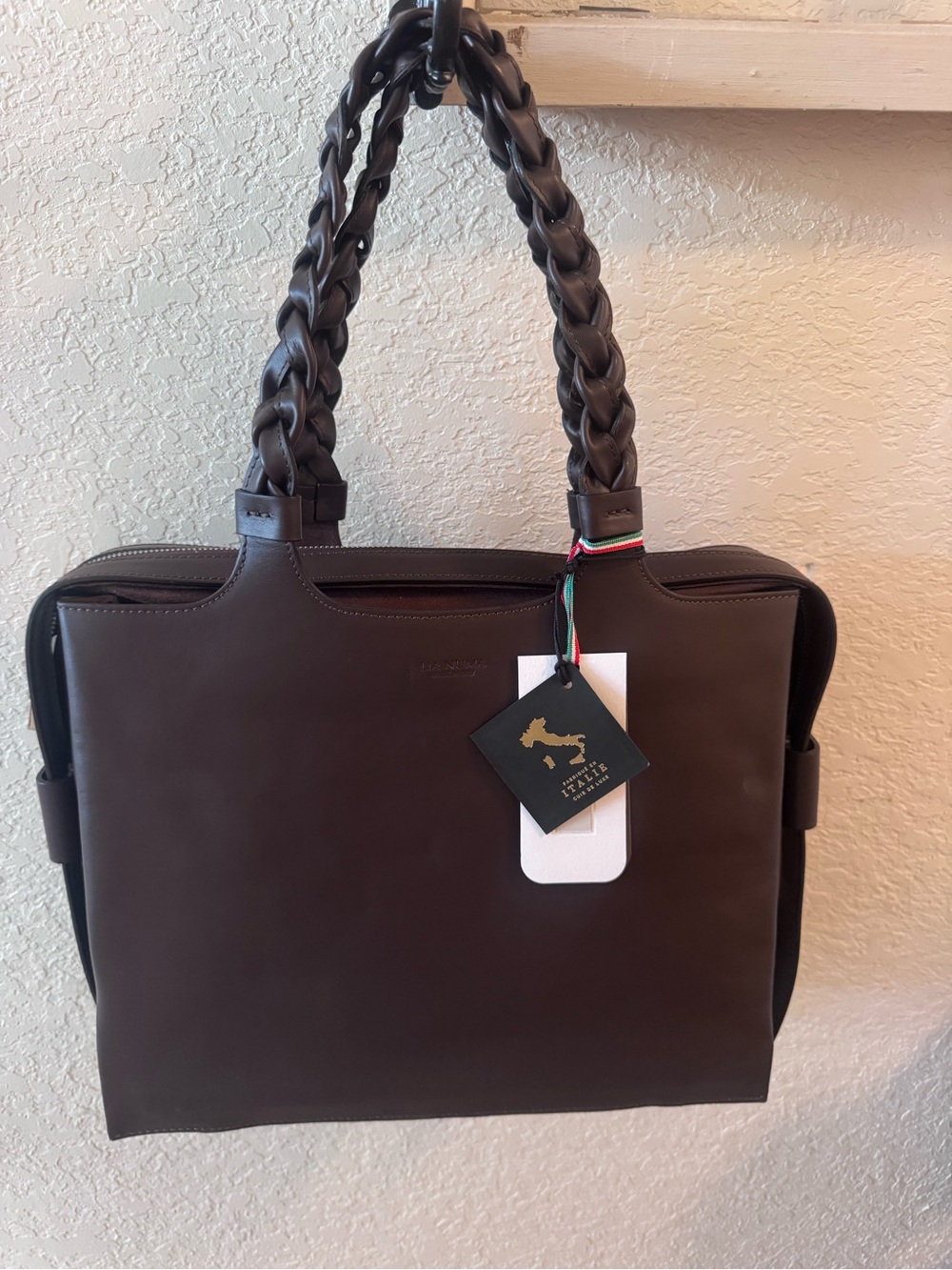 Lia Numa Italian Leather Brown Satchel with Braided Handles